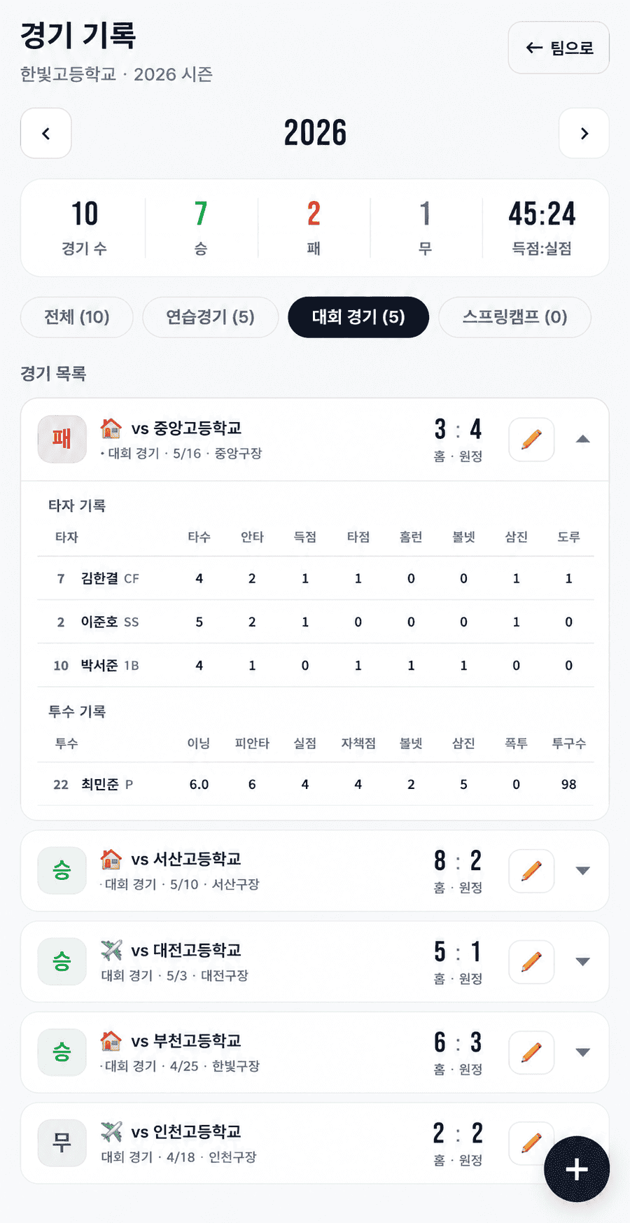 코치 팀 경기 관리 화면